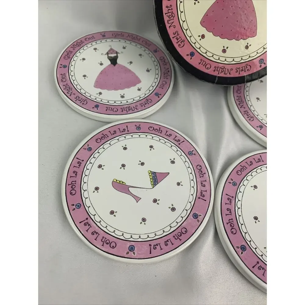 Set of 4 Girls Night Out Ceramic Coasters in Box Pink Black Foam Back 4